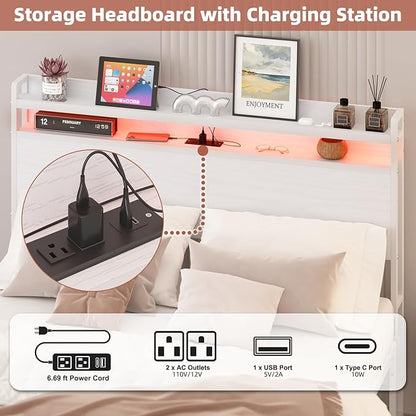 Elephance Headboard for Full Size Bed Frame with 2 Tier Storage, with Outlets, USB and Type C Ports and LED Light, Height Adjustable, Platform Bed Headboard Only, Easy Assembly, White