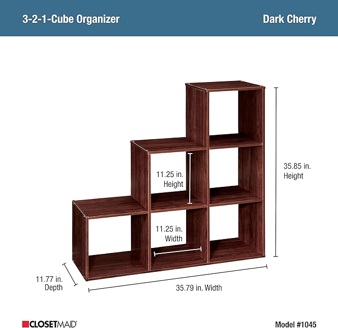 ClosetMaid Cubeicals 3-2-1 Cube Storage Shelf Organizer Bookshelf, 3 Tier, Steps, Corner Unit, Easy Assembly, Wood, Dark Cherry Finish