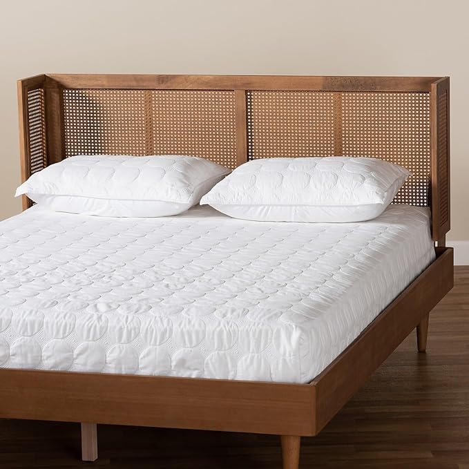 Eclectic Escape Mid-Century Modern Ash Wanut Finished Wood and Synthetic Rattan Wrap-Around Headboard King