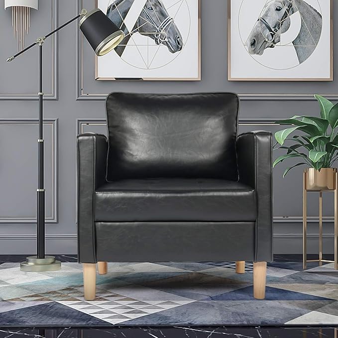 STHOUYN Faux Leather Comfy Black Accent Arm Chair Single Sofa Living Room, Bedroom Chair Reading Chairs for Adults, Suitable for Small Spaces Office Couch, Easy Assembly