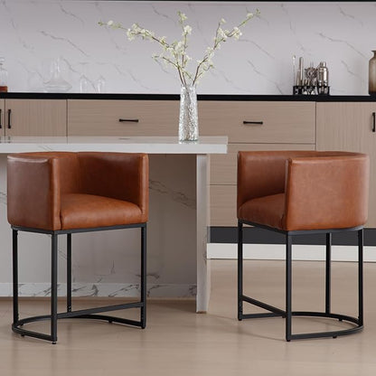 PU Leather Bar Stools Set of 3, Modern Upholstered Counter Height Bar stools 24" Leather Barstools Barrel Kitchen Counter Island Stools with Black Metal Base, Brown