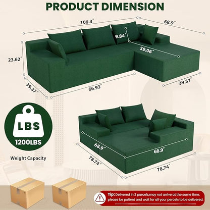 LEVELEVE 107" Cloud Sectional Couch with Deep Seat，Modern Modular Sofa with L-Shape Chaise，No Assembly Required, Upholstered Couches for Living Room Bedroom(Green,Right Facing Chaise)