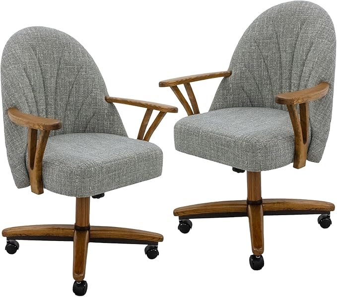 Chromcraft Set of 2 Swivel Tilt Chairs, Luxe Wooden Arm All-Metal Pedestal Base Chairs with Wheels for Kitchen