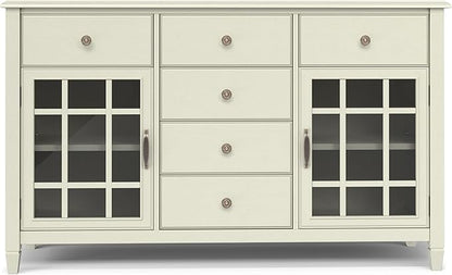 SIMPLIHOME Connaught Buffet - 60 inch Wide Solid Wood 3-Door Sideboard Buffet in Antique White, Traditional Storage Cabinet for Dining Room or Kitchen with Adjustable Shelves and Classic Molding