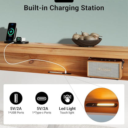 Queen Bed Frame, Wood Platform Bed Frame with Storage Headboard, Charging Station, Modern Bedframe Queen Size, 800lbs Capacity, Metal Slat Support, Noise-Free, No Box Spring Needed, White
