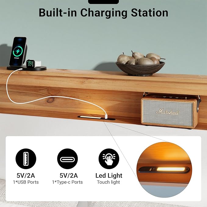 Full Bed Frame, Wood Platform Bed Frame with Storage Headboard, Charging Station, Modern Bedframe Full Size, 800lbs Capacity, Metal Slat Support, Noise-Free, No Box Spring Needed-White