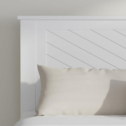 Serene Farmhouse Style Wood Bed in Queen Size with Chevron Scoring Headboard, Coastal Modern Design, Sturdy, Easy Assembly, Ample Underbed Storage, White Finish