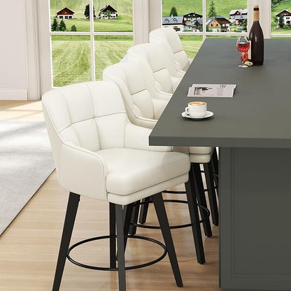 360°Swivel Counter Height Bar Stools with Back, 26 inch Solid Wood Legs, Bar Stool Modern Kitchen Island Chairs, Faux Leather (Beige- Faux Leather, 26" H- Set of 2)