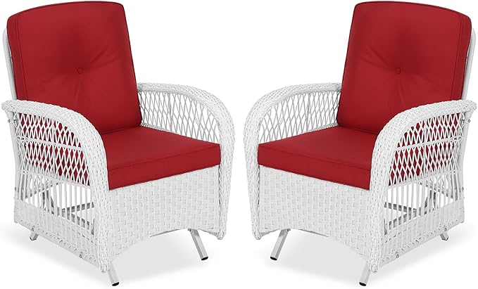 VIVIJASON 2-Piece Outdoor White Wicker Glider Rocking Chair, Patio Rattan Swing Glider Chairs with Cushions & Steel Frame, All-Weather Gliding Lawn Wicker Furniture for Garden Backyard, Red