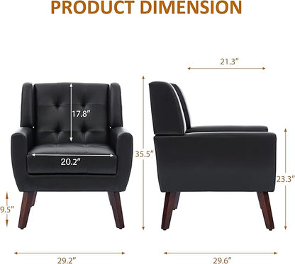 Faux Leather Accent Chairs Set of 2, Mid-Century Modern Upholstered Armchair, Comfy Living Room Chairs Reading Chairs with Button Tufted Back & Solid Wood Legs for Bedroom, Office, Black