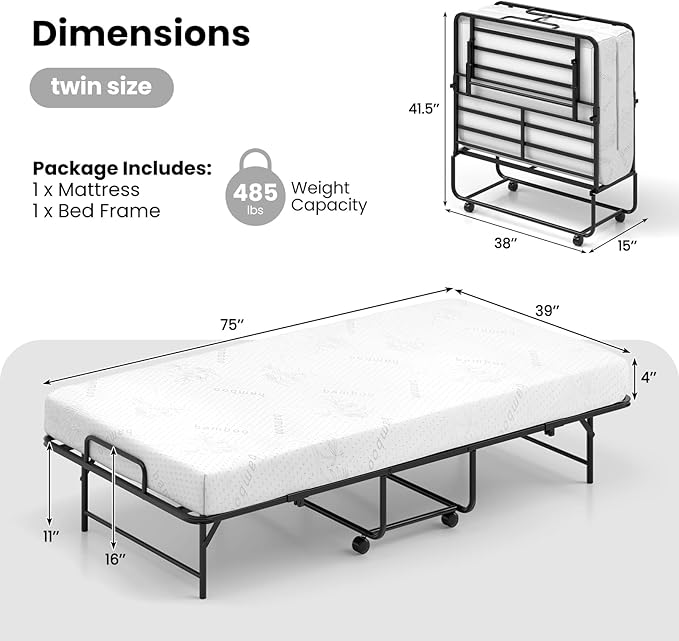 Giantex Twin Folding Bed Frame with Mattress, 75" x 38" Portable Rollaway Guest Bed with Memory Foam Mattress & Metal Frame, Space Saving Roll Away Beds with Mattresses for Adults Guest Apartment