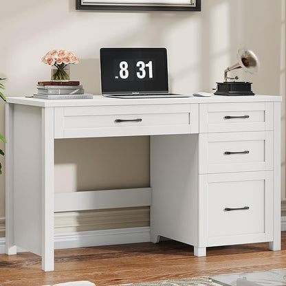 Vabches Farmhouse 47" Executive Desk, Computer Desk with File Drawer and Charging Station, Workstation for Home Office, Study,Cream White.