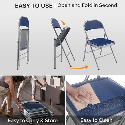VINGLI 8 Pack Folding Chairs with Padded Seats, Metal Frame with Pu Leather Seat & Back, Capacity 350 lbs, Blue