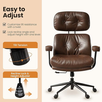 Home Office Desk Chair, Mid-Century Modern Office Chair with Adjustable Lumbar Support, Thickened Cushion Executive Desk Chair with 360 Rolling Swivel for Meeting Game Study Room(Coffee)
