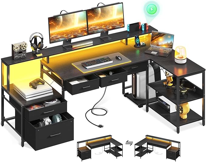 AODK L Shaped Desk with 5 File Drawers, 66" Reversible L Shaped Computer Desk with Power Outlet & LED Strip, Office Desk with Storage Shelves, Gaming Desk with Monitor Shelf, Corner Desk, Black