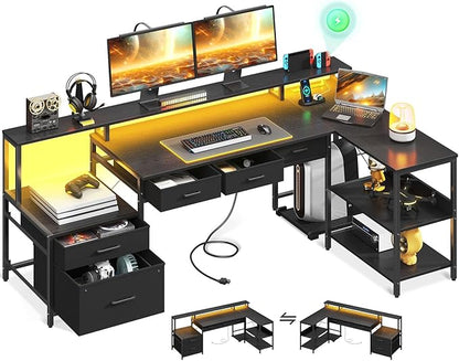 AODK L Shaped Desk with 5 File Drawers, 66" Reversible L Shaped Computer Desk with Power Outlet & LED Strip, Office Desk with Storage Shelves, Gaming Desk with Monitor Shelf, Corner Desk, Black