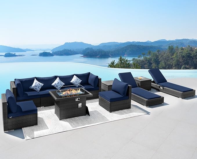 NICESOUL 11 Piece Patio Furniture Set with Fireplace Gas/Propane, 29.3'' High Back Comfortable Rattan Sofa Set w/Chaise Lounge, XL Large Wide Deep Outdoor Sectionals, 2 Color Cushion Navy Blue&Grey