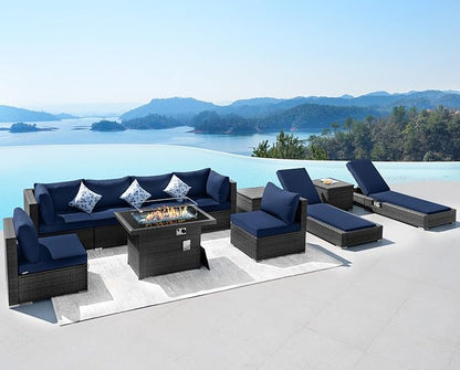 NICESOUL 11 Piece Patio Furniture Set with Fireplace Gas/Propane, 29.3'' High Back Comfortable Rattan Sofa Set w/Chaise Lounge, XL Large Wide Deep Outdoor Sectionals, 2 Color Cushion Navy Blue&Grey
