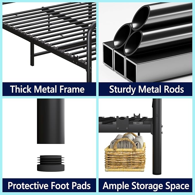 Metal Queen Single Bed Frame with Storage Space, 82.7" in Steel Bed Frame with Protective Foot Pads, Strong Bearing Capacity Queen Size Bed, Easy Assembly, Underbed Storage Space（40.1 inch）