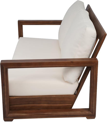 Christopher Knight Home Olaf 4 Pieces Outdoor Conversation Set, Acacia Wood Chat Set, Rectangular Coffee Table and Patio Loveseat with 2 Club Chairs, Patio Furniture Set with Cushion, Beige+Mocha