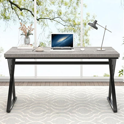 FOLUBAN Modern Desk, Rustic Wood and Metal Computer Desk for Home Office, Simple Study Writing Gaming Table for Bedroom Living Room, Light Grey, 53 Inch
