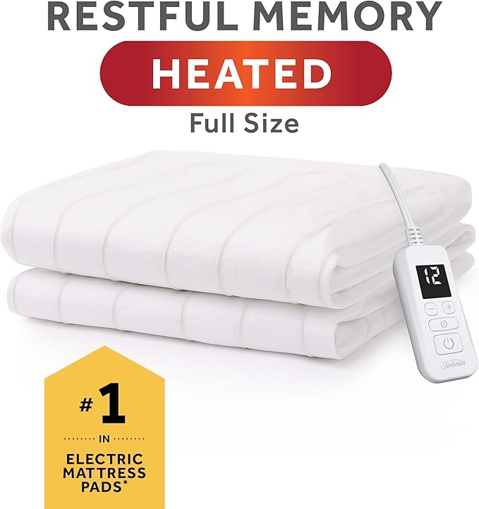 Sunbeam Electric Heated Mattress Pad Soft Cozy Fabric Fast Heating 12 Heat Settings 12-Hour Auto Shut-Off Deep Pocket Skirt Machine Washable Full 75" x 54"