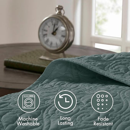 Madison Park King Bedspread Set Reversible Damask Quilted Oversized Coverlet, Cotton-Filled Quilts Oversized, All Season, Lofty & Warm Bedspread, Quebec, Balsam Green 3 Piece