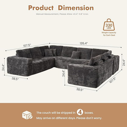 Weaxty Boneless Sectional Couch, Oversized U Shaped Modular Cloud Couches, Plush Corduroy Memory Foam Deep Seat Floor Sofa, No Assembly Required，Gray