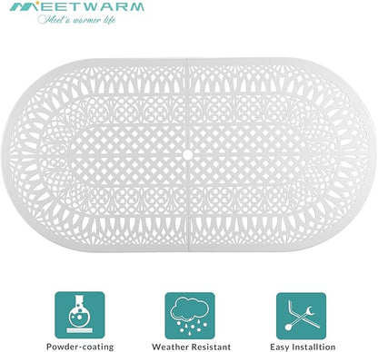 MEETWARM 9-Piece Outdoor Patio Dining Set, All-Weather Cast Aluminum Patio Conversation Set with 8 Cushioned Swivel Rocker Chairs for Backyard Garden Deck, 1 Oval Table, 2" Umbrella Hole, White
