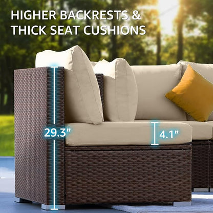 NICESOUL 7 Piece Outdoor Patio Sectional Furniture Set with Fire Pit Natural Gas/Propane, Large Size Comfortable Conversation Sets, 29.3'' High Back Deep Seat Sofa, Brown Rattan and Beige Cushion