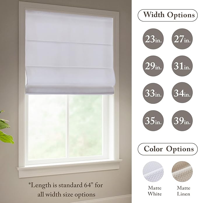 Madison Park Galen Matte White Cordless Roman Shades - Fabric Privacy Single Panel Darkening, Energy Efficient, Thermal Insulated Window Blind Treatment, for Home, Living Room Decor, 33" W x 64" H