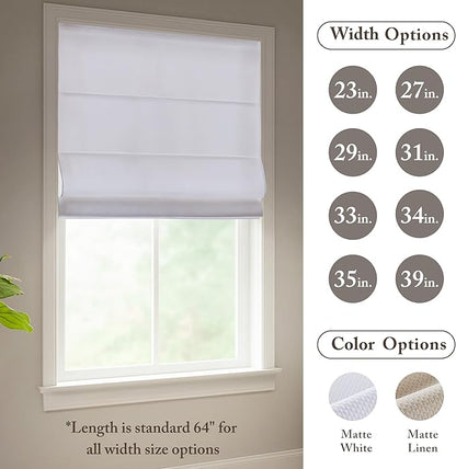 Madison Park Galen Matte White Cordless Roman Shades - Fabric Privacy Single Panel Darkening, Energy Efficient, Thermal Insulated Window Blind Treatment, for Home, Living Room Decor, 39" W x 64" H