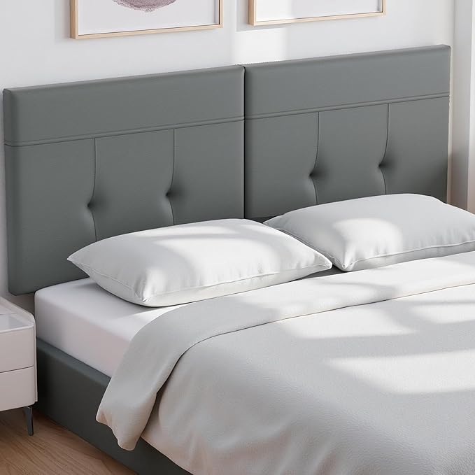 Headboard Queen Size Upholstered Faux Leather, Queen Headboard with Sturdy Metal Legs, Tufted Upholstery Design Headboards with Adjustable Width & Height (Grey)