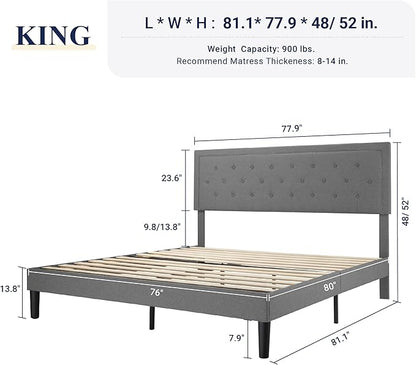 Allewie King Size Upholstered Platform Bed Frame with Adjustable Headboard, Button Tufted, Wood Slat Support, Easy Assembly, Light Gray