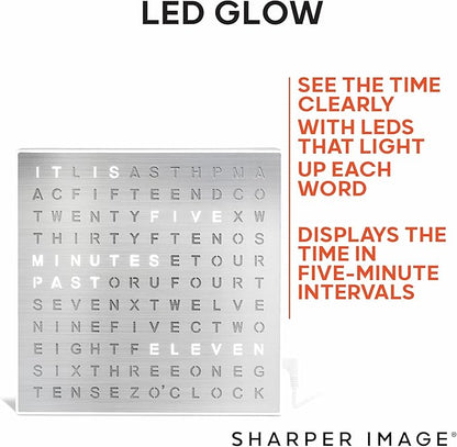 Sharper Image LED Word Digital Clock, 7.75", Silver Finish, Light-Up Desk & Wall Clock, Modern Time Display, Shelf or Wall Decor for Home Office, Living Room, Kitchen & Bedroom, Housewarming Gift