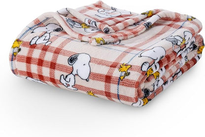 Berkshire Blanket Peanuts® VelvetLoft® Cute Character Snoopy Plush Blanket,Snoopy and Woodstock Wood Holiday Plaid Medium Tan,Full/Queen 90 in x 90 in (Official Peanuts® Product)