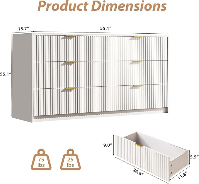 White 6 Drawer Dresser for Bedroom, 55" Wide Modern Chest of Drawers with Gold Metal Handles, Fluted Wood TV Stand for Living Room, Hallway