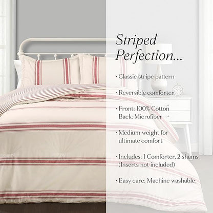 Lush Decor Farmhouse Stripe Reversible Cotton Comforter Set, 3 Piece Set, Full/ Queen, Red - Cozy F𝚊rmhouse Bedding Set - Rustic Decor - Striped Comforter - Modern Farmho𝚞se Bedroom Decor