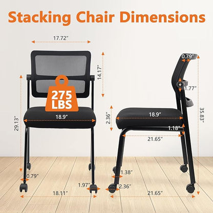 CLATINA Stacking Armless Office Guest Chair with Wheels, Stackable Mesh Waiting Room Reception Desk Chairs with Adjustable Backrest for Conference Lobby Side School, Black, 8PK