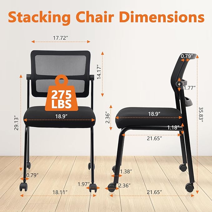CLATINA Stacking Armless Office Guest Chair with Wheels, Stackable Mesh Waiting Room Reception Desk Chairs with Adjustable Backrest for Conference Lobby Side School, Black