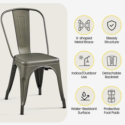 Yaheetech Metal Dining Chairs Set of 4, Industrial Stackable Kitchen Chairs with Back for Dining Room/Restaurant/Bistro/Patio, Indoor & Outdoor Use, Gun Metal