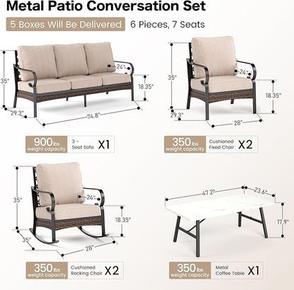 6 Piece Metal Outdoor Patio Furniture Set, Patio Conversation Set 1 3-Seater Sofa, 2 Fixed Sofa, 2 Rocking Sofa with 5.75" Thick Cushion & Coffee Table Black Backyard Furniture, Beige