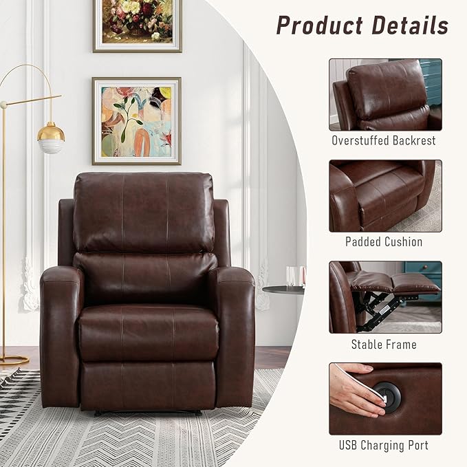 Electric Recliner Chair, Soft PU Leather Power Recliners with Padded Backrest, Single Overstuffed Heavy Duty Reclining Sofa for Living Room Bedroom, Brown
