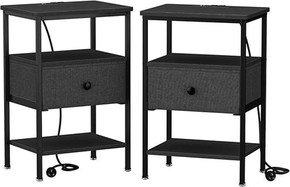 VECELO Night Stand Set 2, Nightstand with Charging Station, End Tables with Open Storage Shelf, Bed Side Tables with Fabric Drawers for Bedroom,Living Room,Classic Black