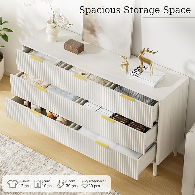 LYNSOM Fluted Dresser and Nightstand Set, 3 Pieces Bedroom Set, 55 Inch Wide 7-Drawer Dresser & 2-Drawer Nightstands Set of 2, Modern Dressers Set for Bedroom, Hallway, White