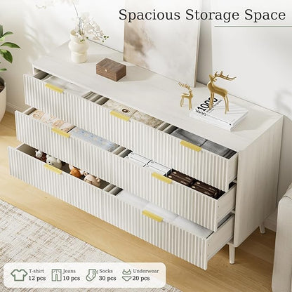 LYNSOM Fluted Dresser and Nightstand Set, 3 Pieces Bedroom Set, 55 Inch Wide 7-Drawer Dresser & 2-Drawer Nightstands Set of 2, Modern Dressers Set for Bedroom, Hallway, White