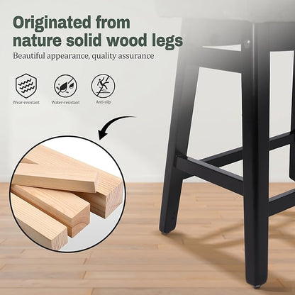 Counter Height Bar Stools Set of 3 for Kitchen Counter Farmhouse Modern Barstools with Faux Leather Upholstered Backless Seat and Solid Wood Legs 24 inch Bar Chairs, Grey + Black