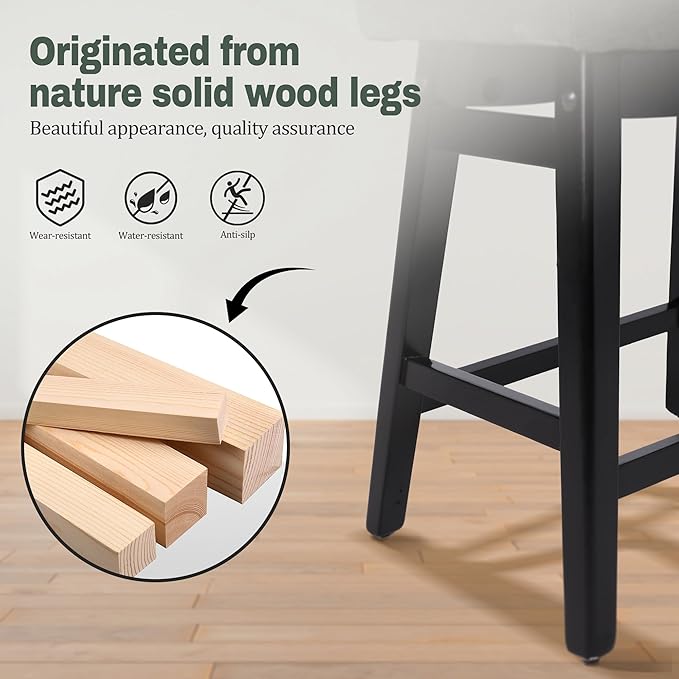Counter Height Bar Stools Set of 4 for Kitchen Counter Farmhouse Modern Barstools with Faux Leather Upholstered Backless Seat and Solid Wood Legs 24 inch Bar Chairs, Grey + Black