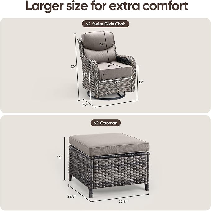 Swivel Patio Chairs Sofa Set of 4 with 6" Thick Cushion - Wicker Outdoor Swivel Rocker Patio Chair with Side Table, High Back Comfortable Outdoor Glider Chairs Grey Wicker Grey Cushions