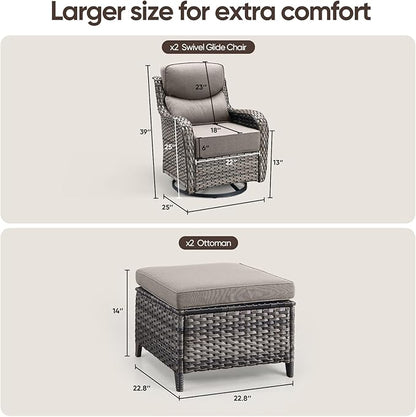 Swivel Patio Chairs Sofa Set of 4 with 6" Thick Cushion - Wicker Outdoor Swivel Rocker Patio Chair with Side Table, High Back Comfortable Outdoor Glider Chairs Grey Wicker Grey Cushions